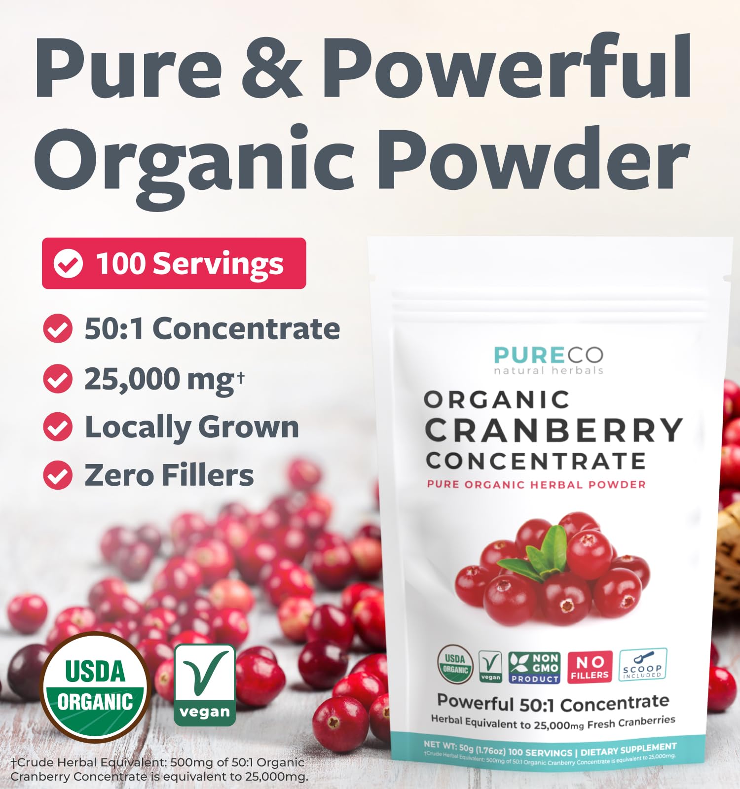 Pure Co cranberry concentrate powder with measuring spoon for convenient daily use