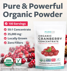 Pure Co cranberry concentrate powder with measuring spoon for convenient daily use