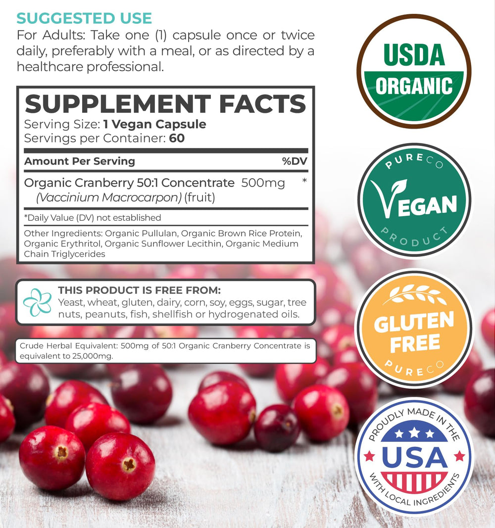 PURE CO Cranberry Pills capsules in hand for daily wellness