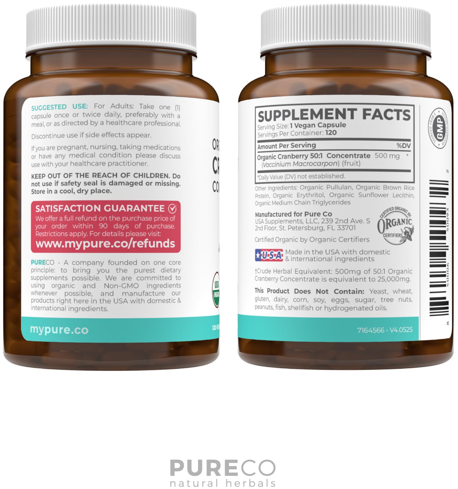 Pure Co Cranberry Pills GMP manufacturing stamp signaling quality control.