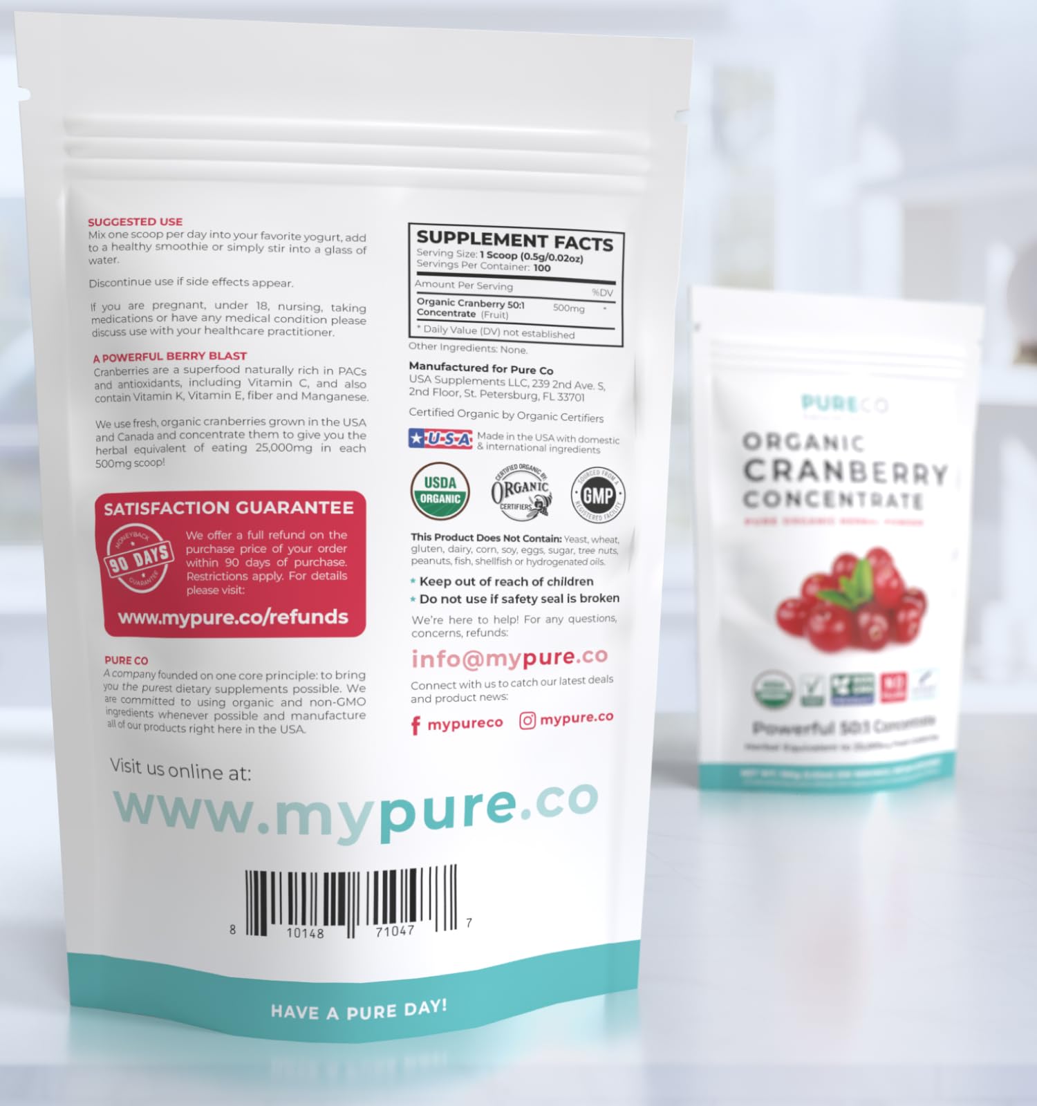 Pure Co cranberry powder scoop included in the package for easy serving