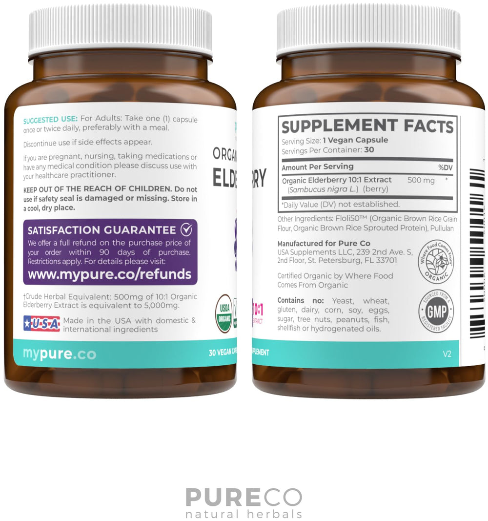 Pure Co daily health elderberry capsules ready to take.
