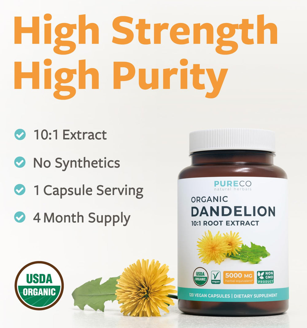 Pure Co Dandelion Root Extract capsules shown for easy daily dosage.