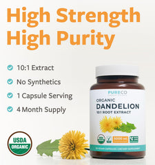 Pure Co Dandelion Root Extract capsules shown for easy daily dosage.