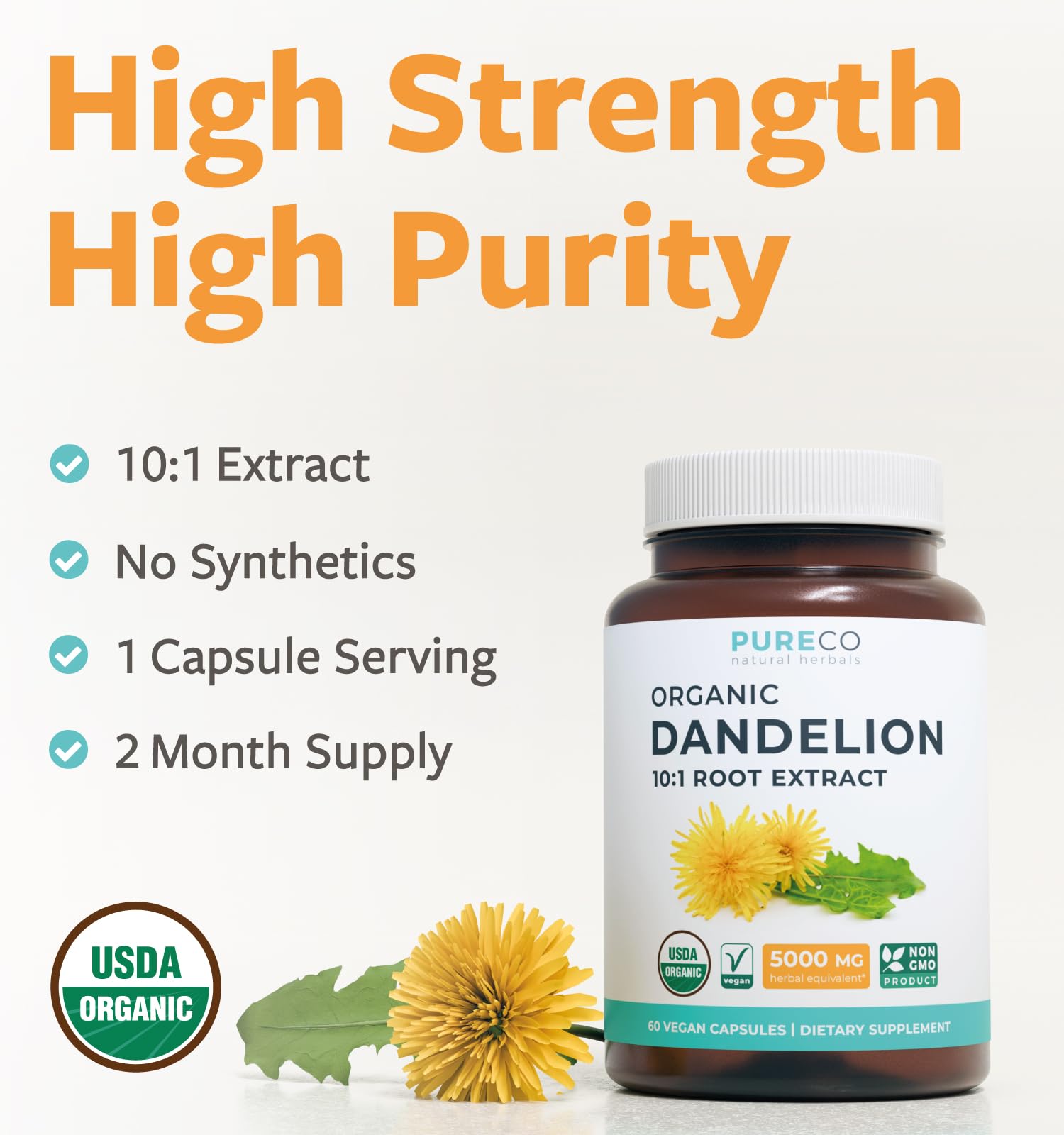 Pure Co dandelion root extract capsules ready for simple, daily detox-friendly routines.