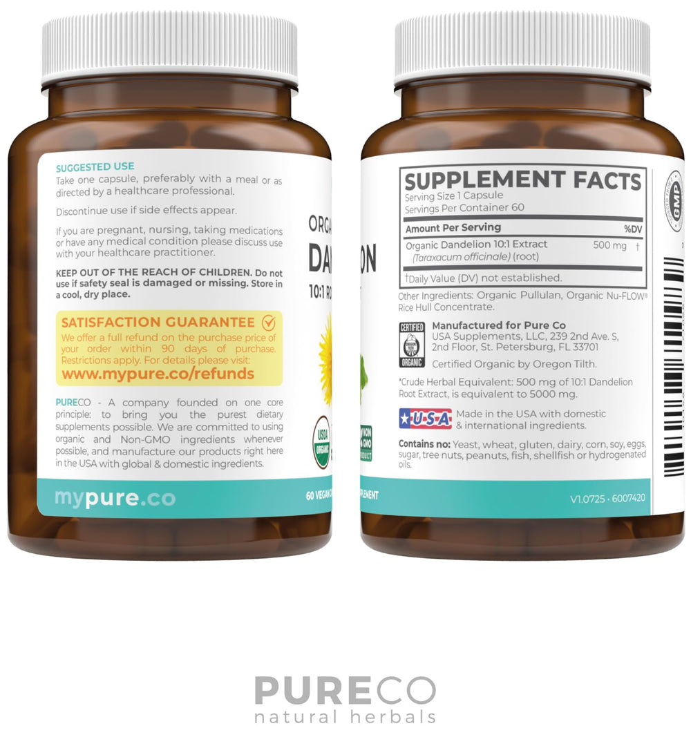 Pure Co dandelion root extract with dandelion plants shows natural origins.
