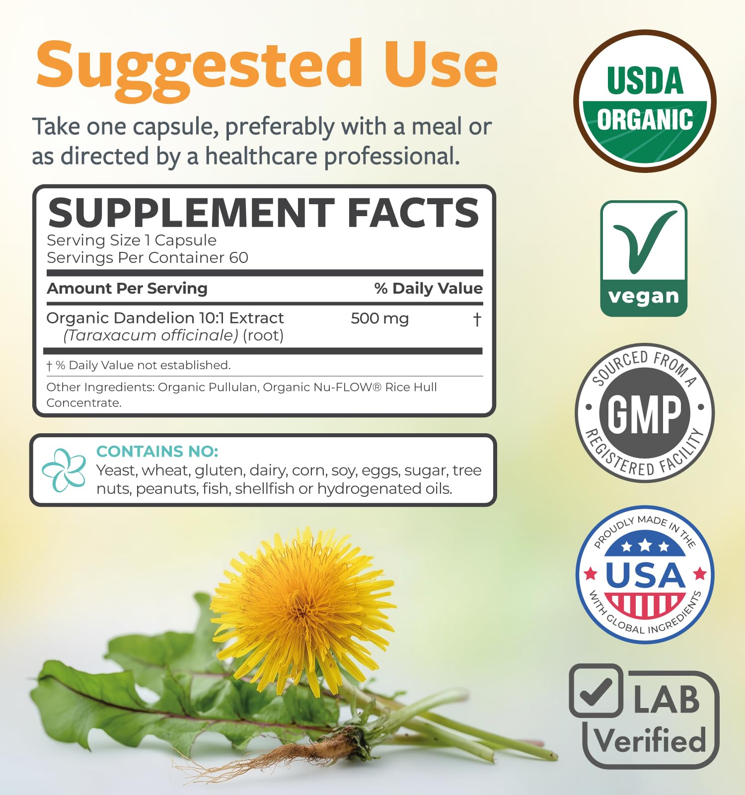 Pure Co dandelion root extract lab-verified seal communicates potency and purity.
