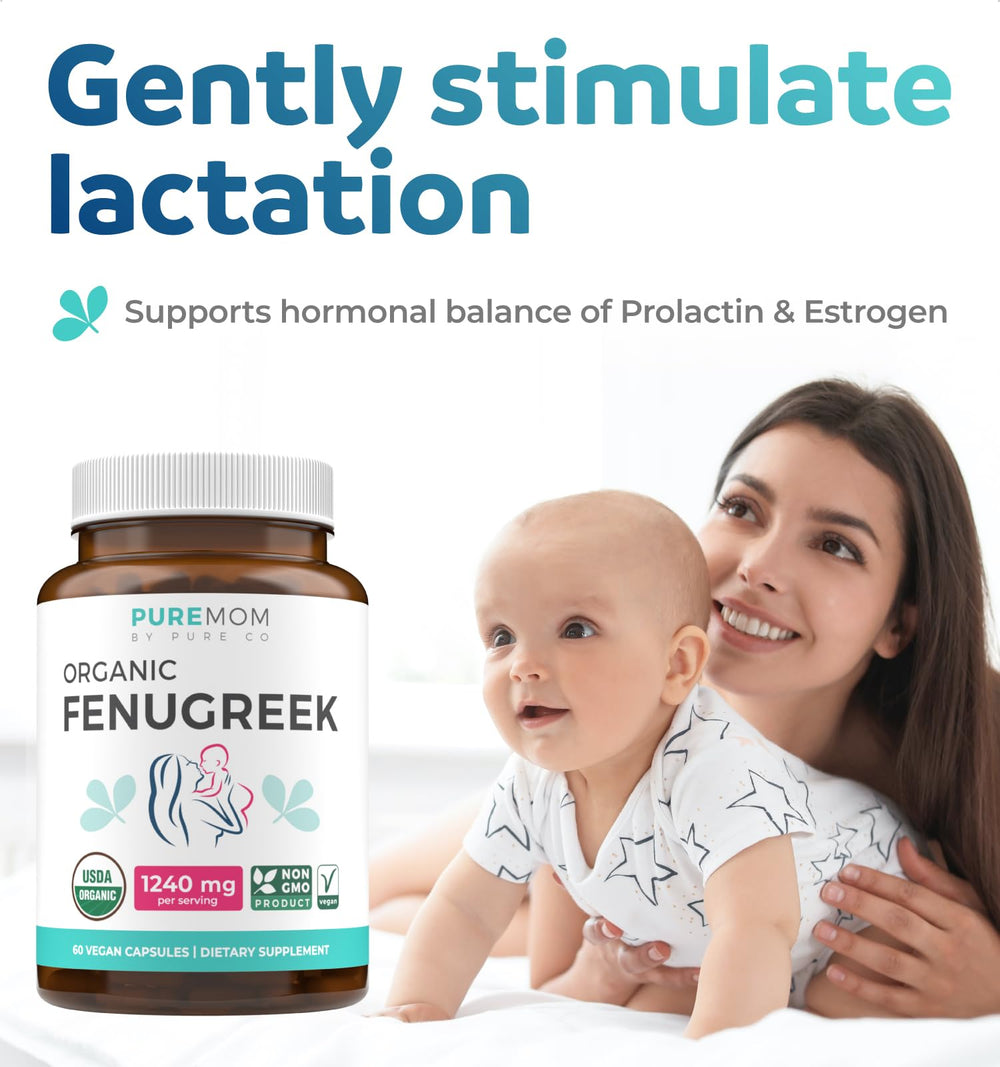 PURE CO fenogreco orgánico dos cápsulas diarias para apoyo de lactancia.