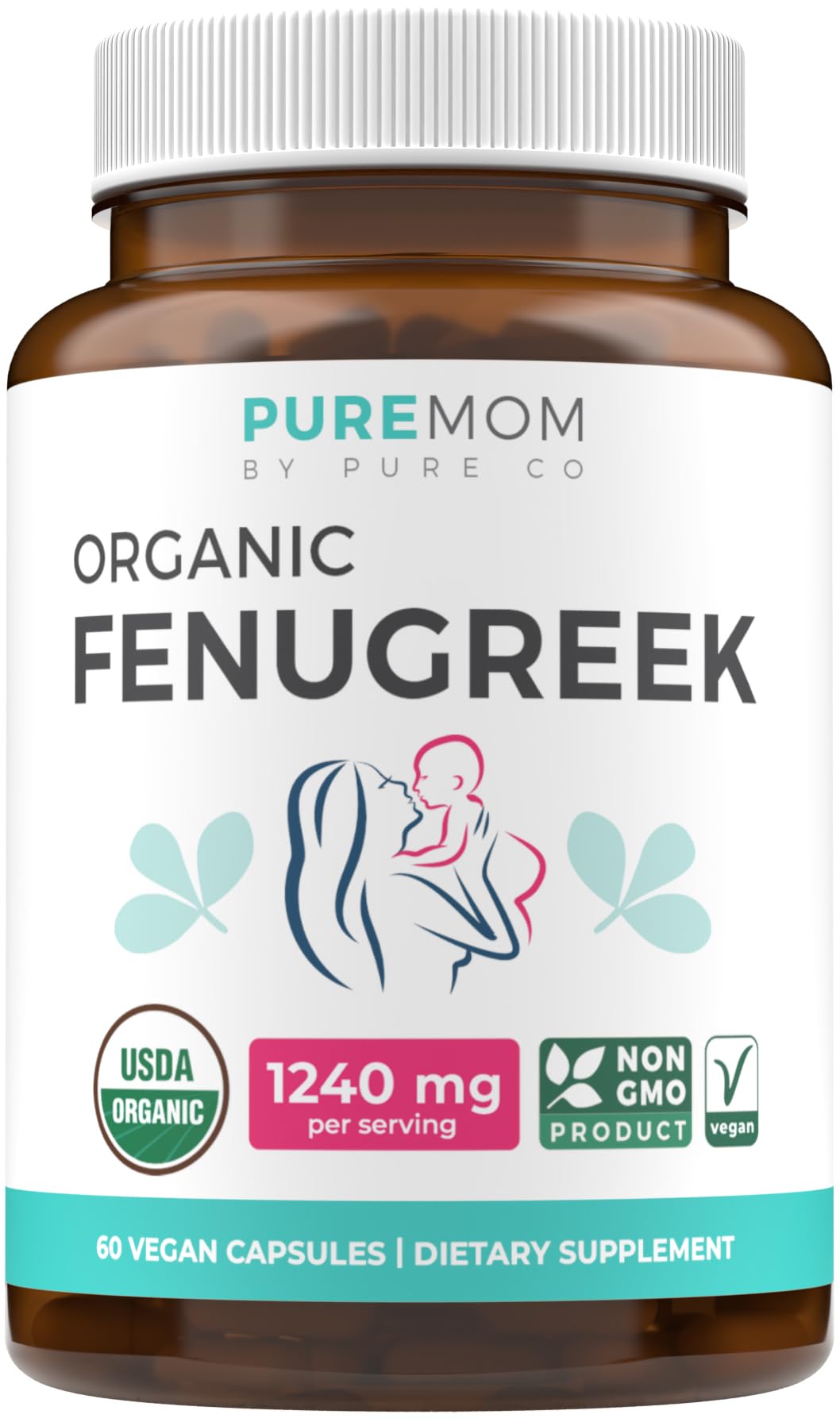 PURE CO fenogreco orgánico envase con cápsulas fáciles de tomar para lactancia.