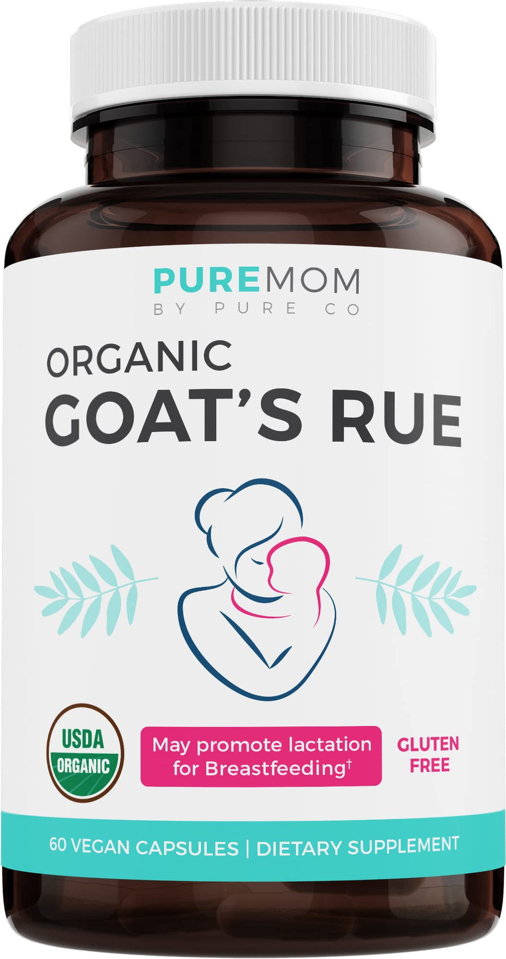 Pure Co Goat's Rue bottle showing vegan capsules for lactation support.