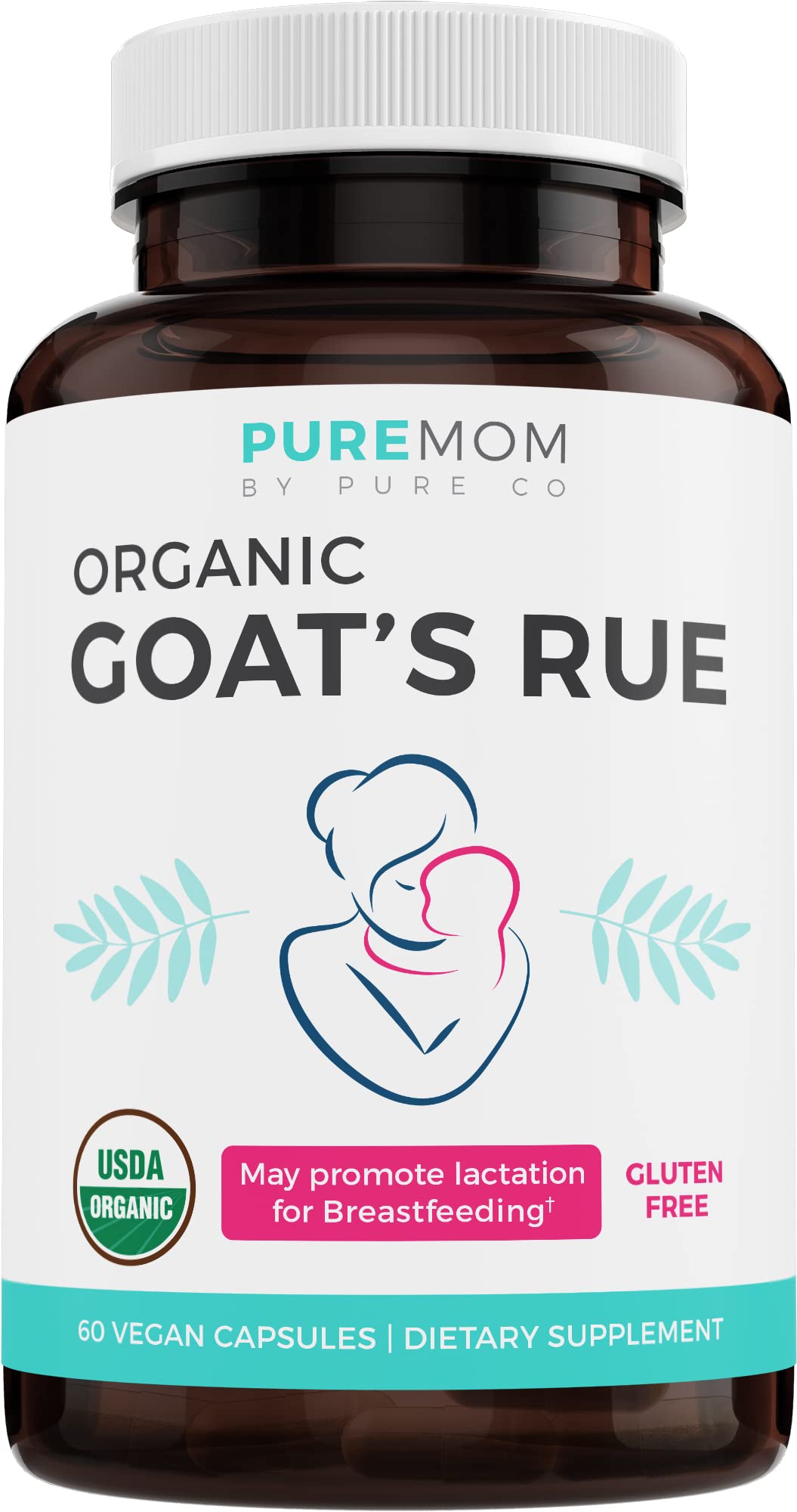 Pure Co Goat's Rue bottle showing vegan capsules for lactation support.