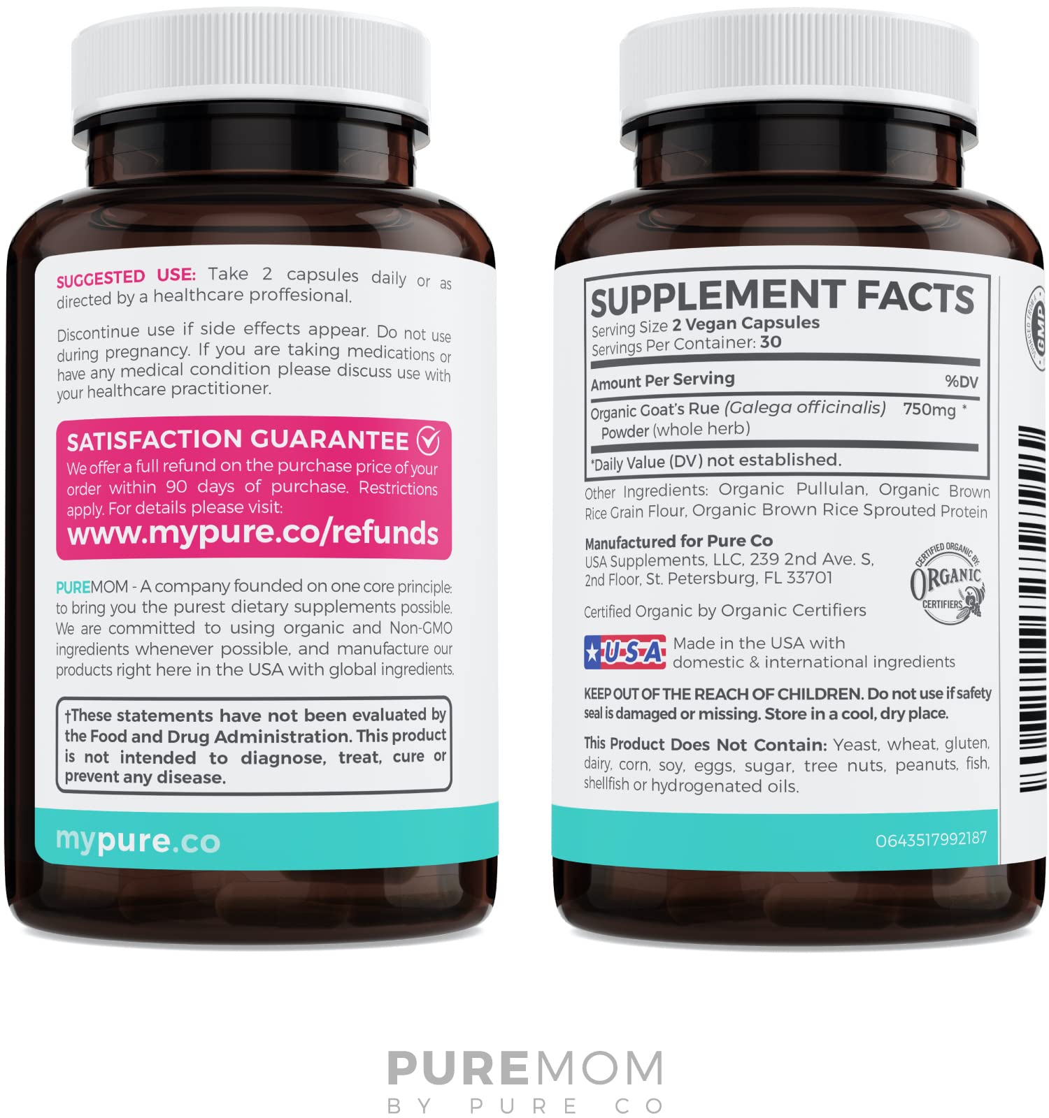 Pure Co Goat's Rue capsules presented for on-the-go lactation support.