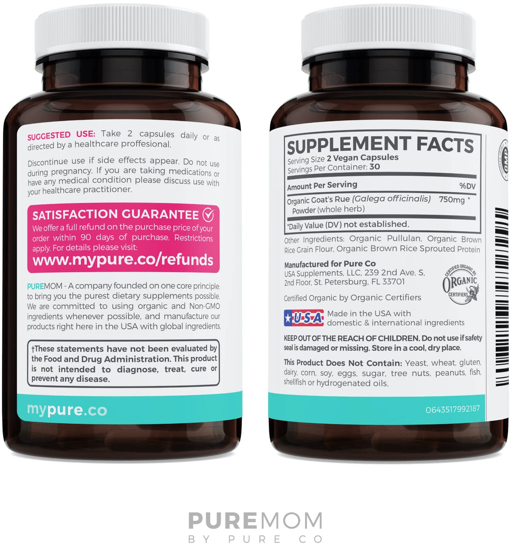 Pure Co Goat's Rue capsules presented for on-the-go lactation support.