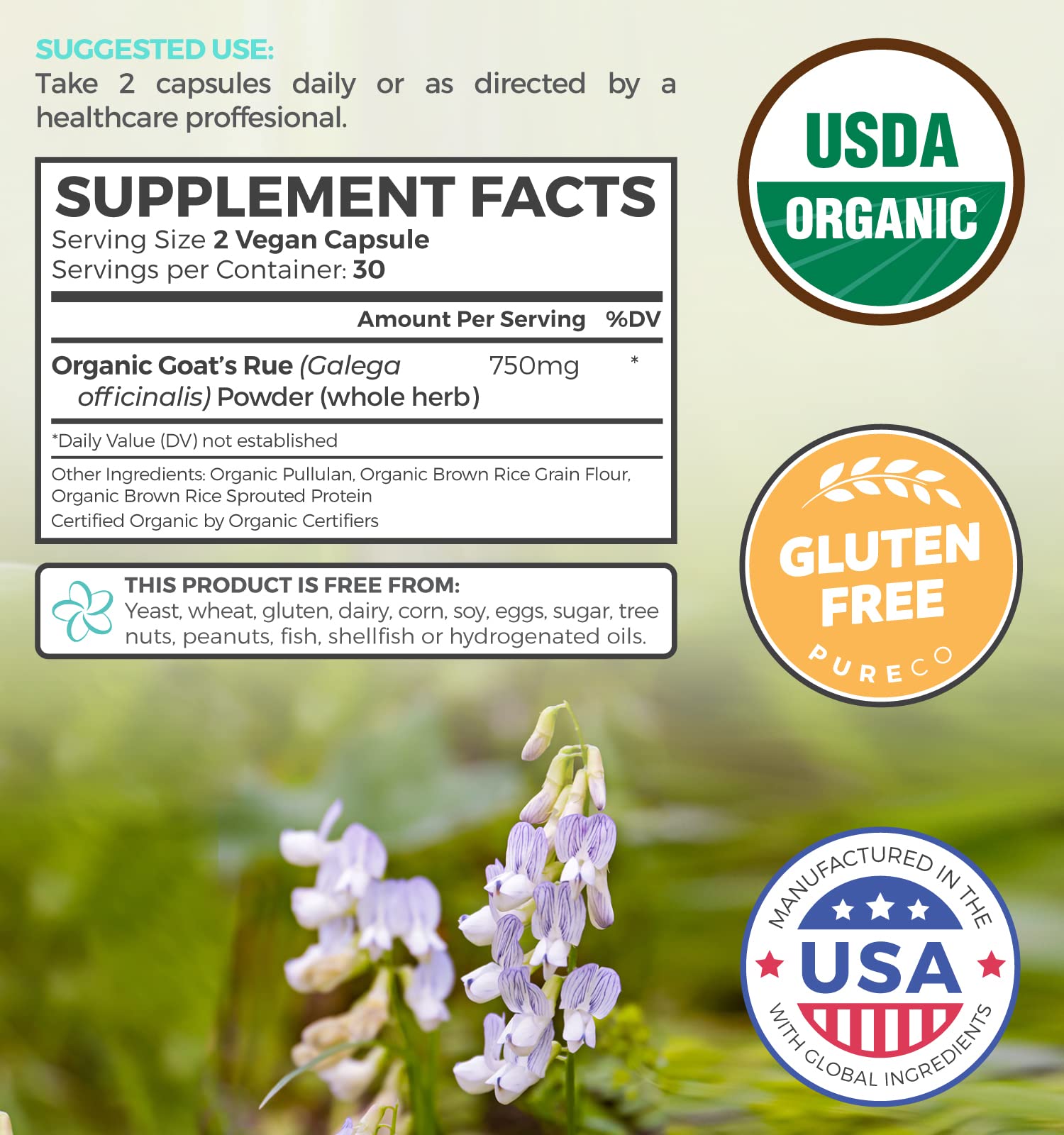 Pure Co Goat's Rue packaging highlighting organic, non-GMO ingredients.