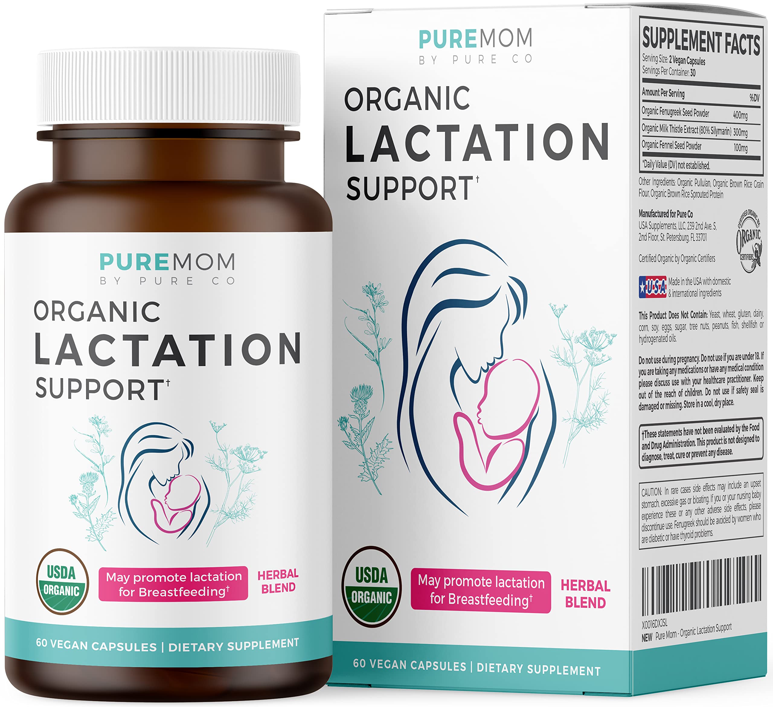 Pure Co lactation bottle front showing vegan capsules for milk support