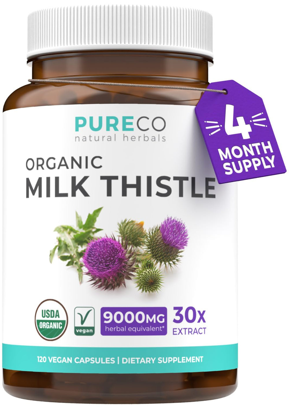 Pure Co milk thistle bottle front, may support liver wellness with organic extract.