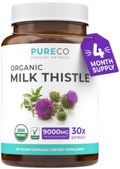 Pure Co milk thistle bottle front, may support liver wellness with organic extract.