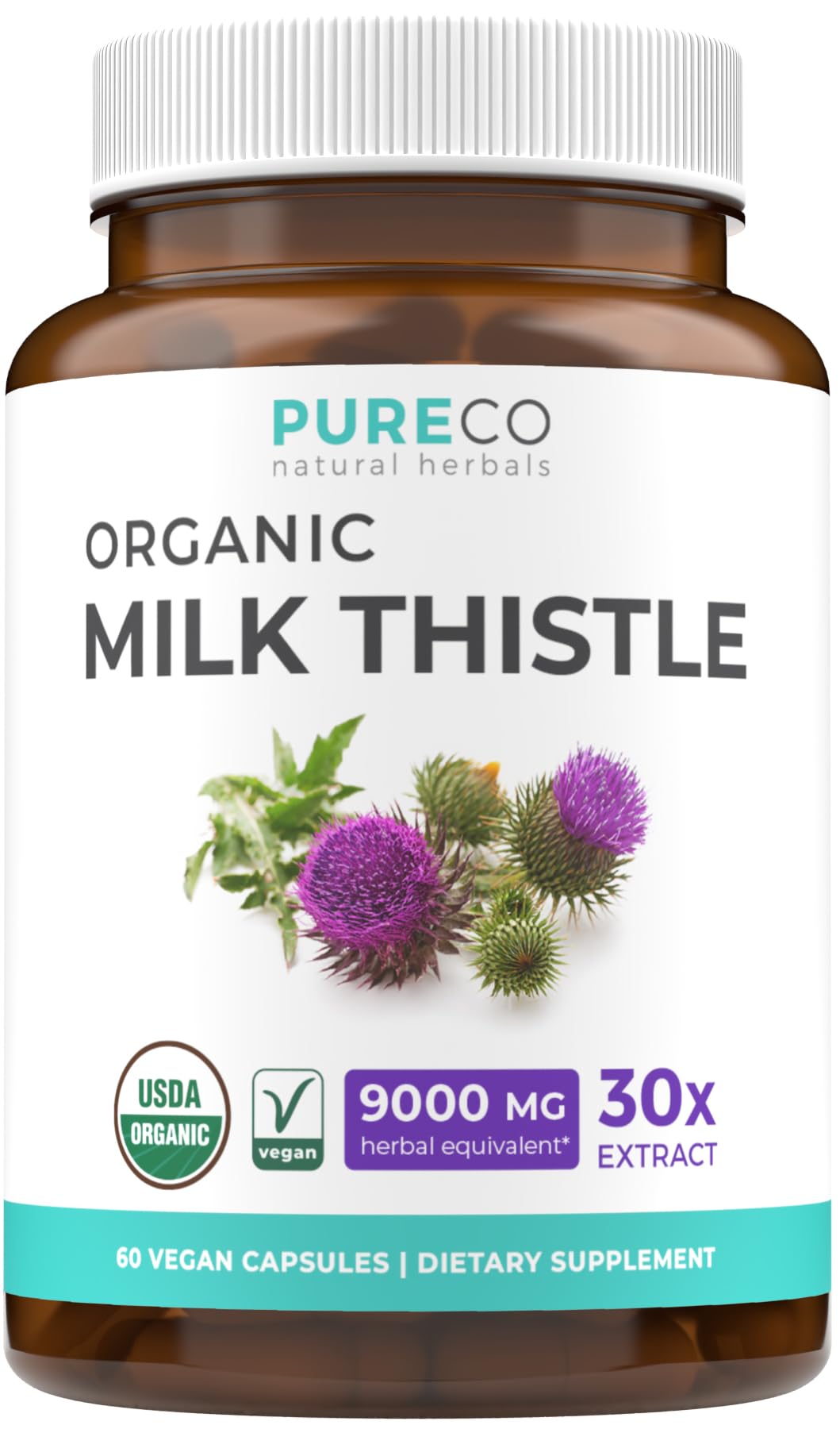 Pure Co Milk Thistle bottle label shows USDA Organic seal for potential liver wellness.