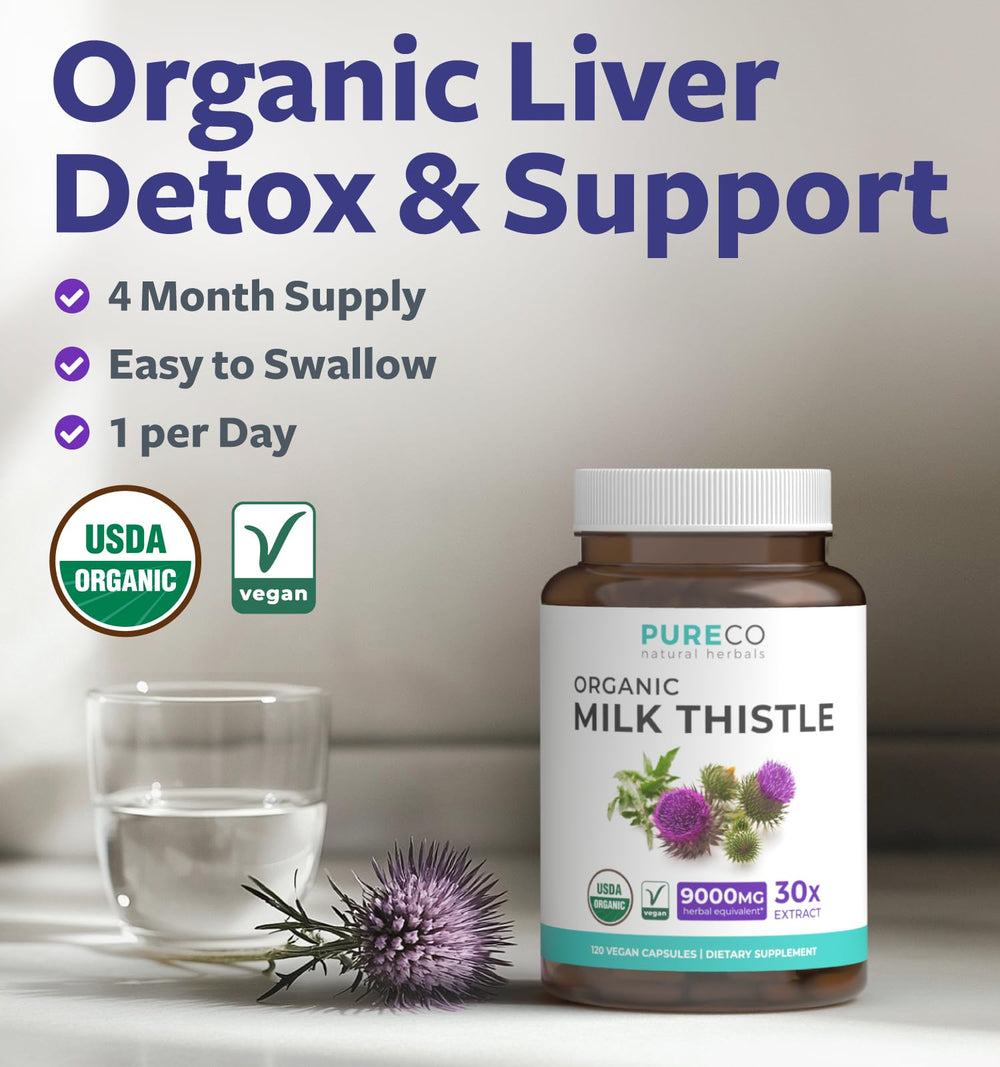 Pure Co milk thistle capsules closeup showing vegan, high-strength silymarin.