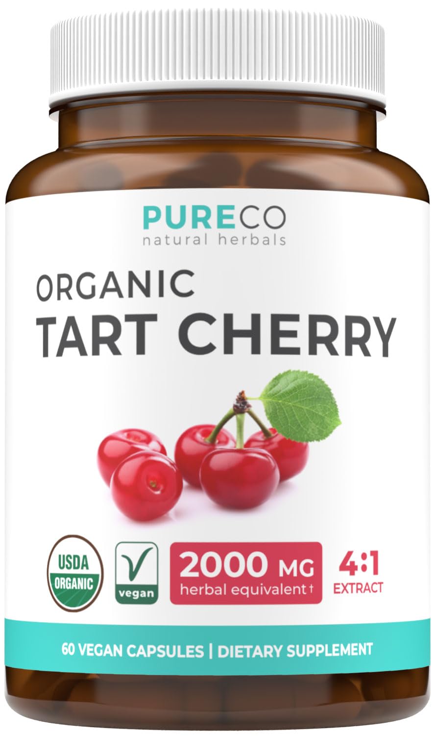 PURE CO Organic Tart Cherry Capsules bottle front shows a high-strength formula