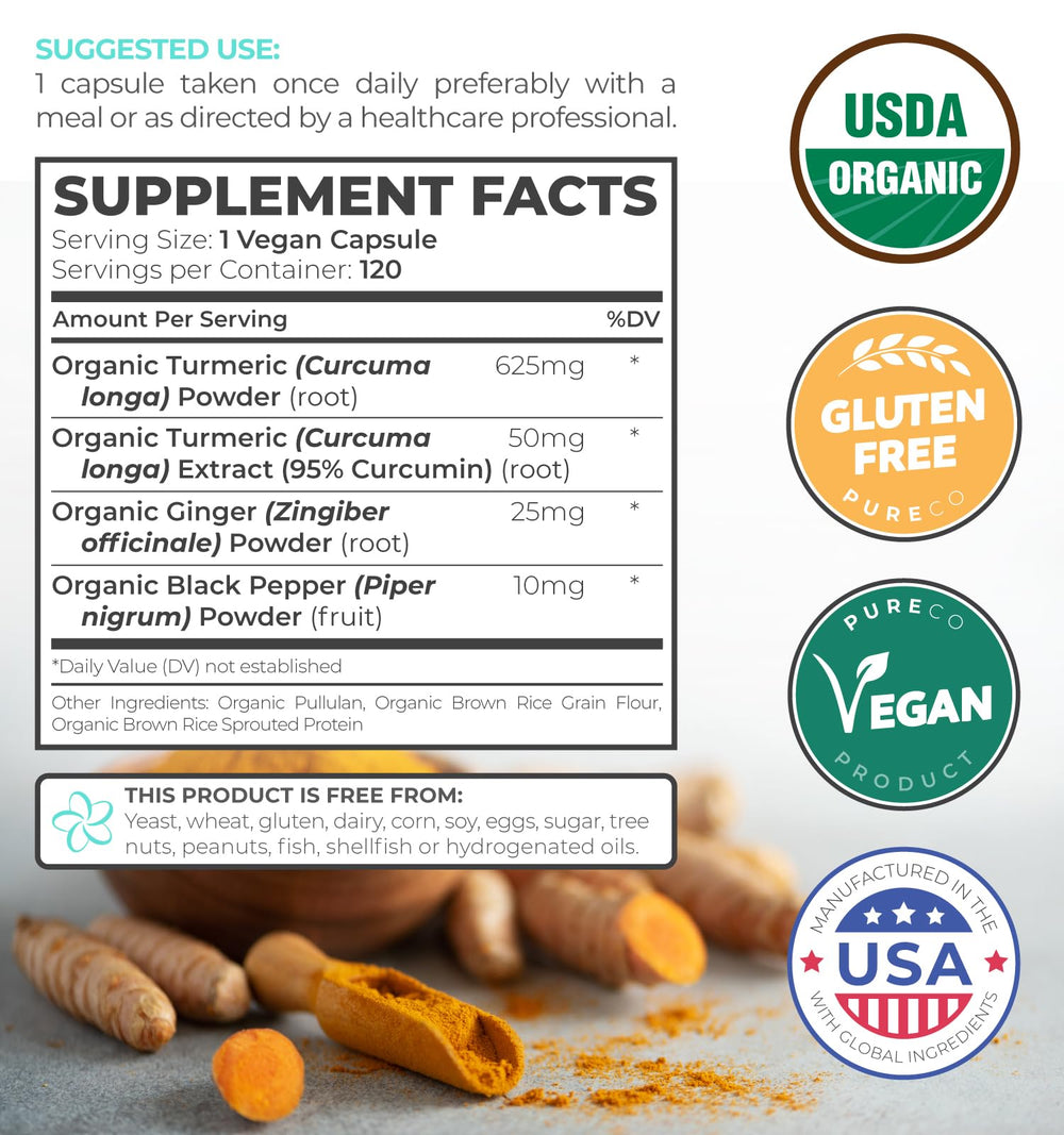 Pure Co organic turmeric powder and capsules showcased for daily vitality