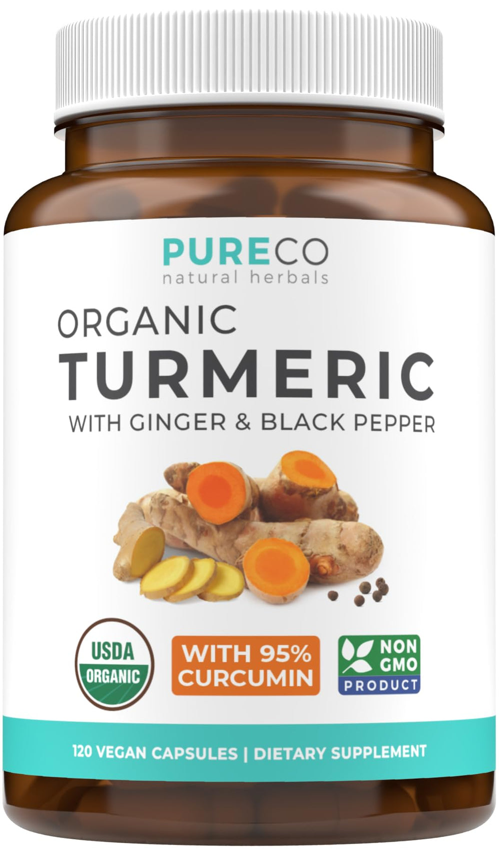Pure Co turmeric ginger black pepper capsules bottle for convenient daily wellness support