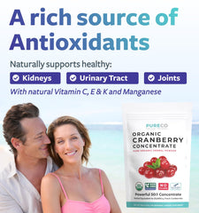 Pure Co Cranberry Powder being mixed into water for convenient daily supplementation