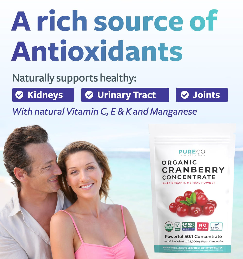 Pure Co Cranberry Powder nutrition label highlights 50:1 concentrate and organic certification