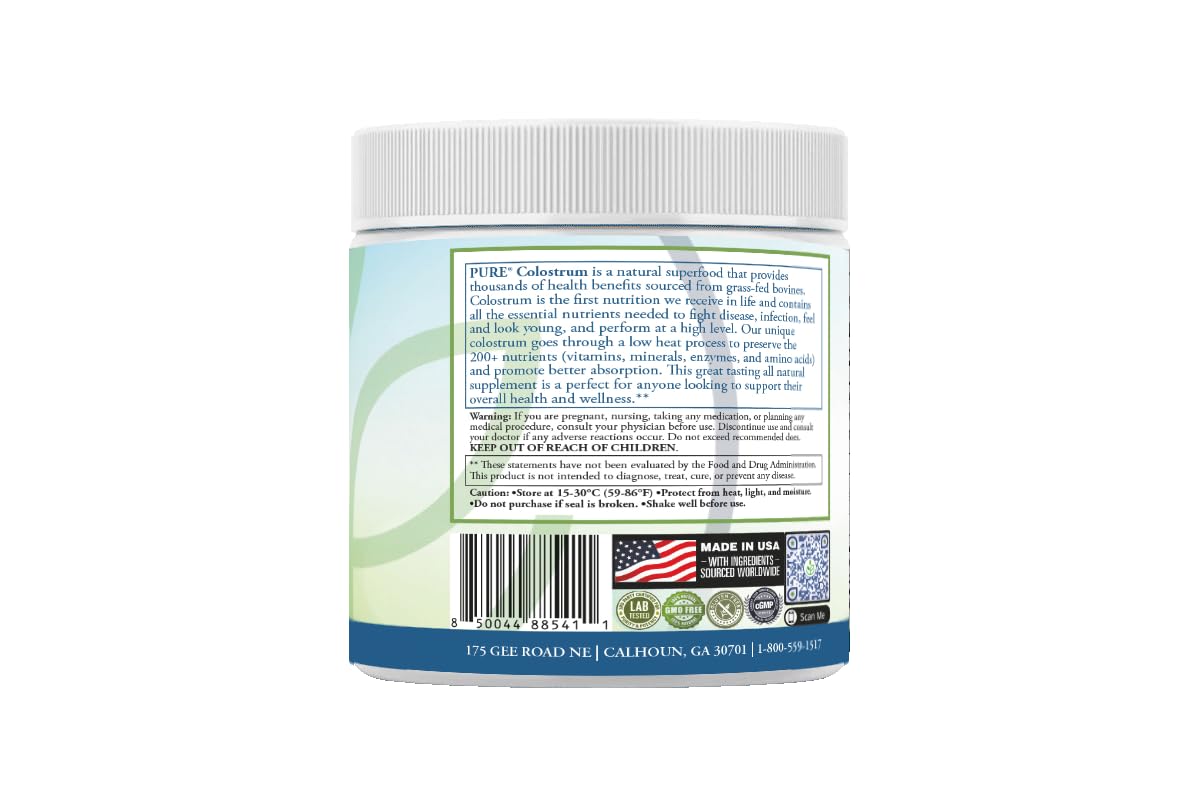 USA-made GMP facility label on PURE Colostrum Orange bottle.
