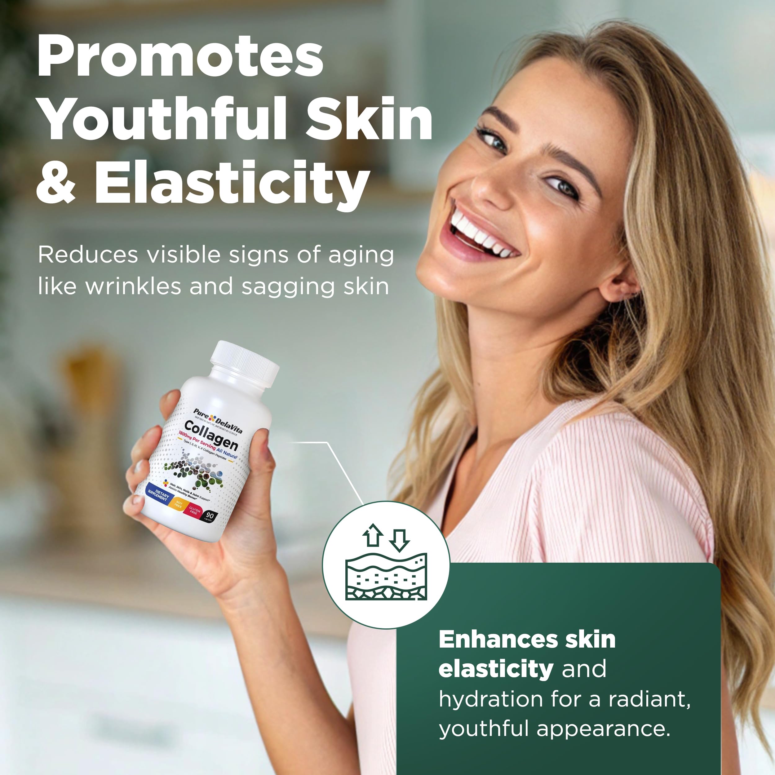 Pure DelaVita bottle side-view showcases convenient daily collagen support