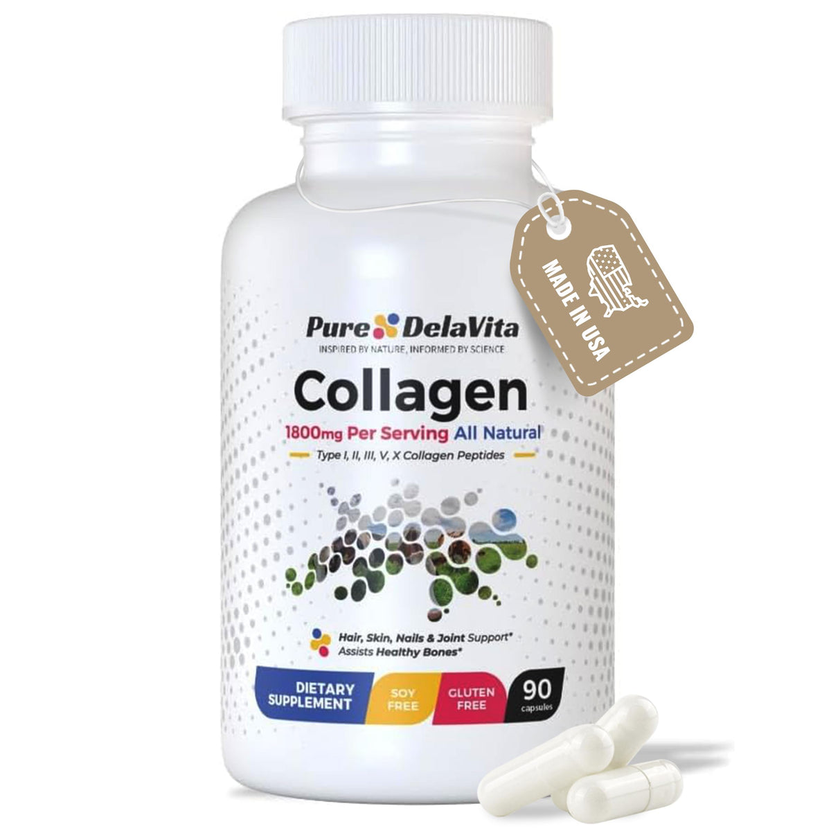 Pure DelaVita Complete Collagen bottle shows 90 capsules for skin, hair, and joints