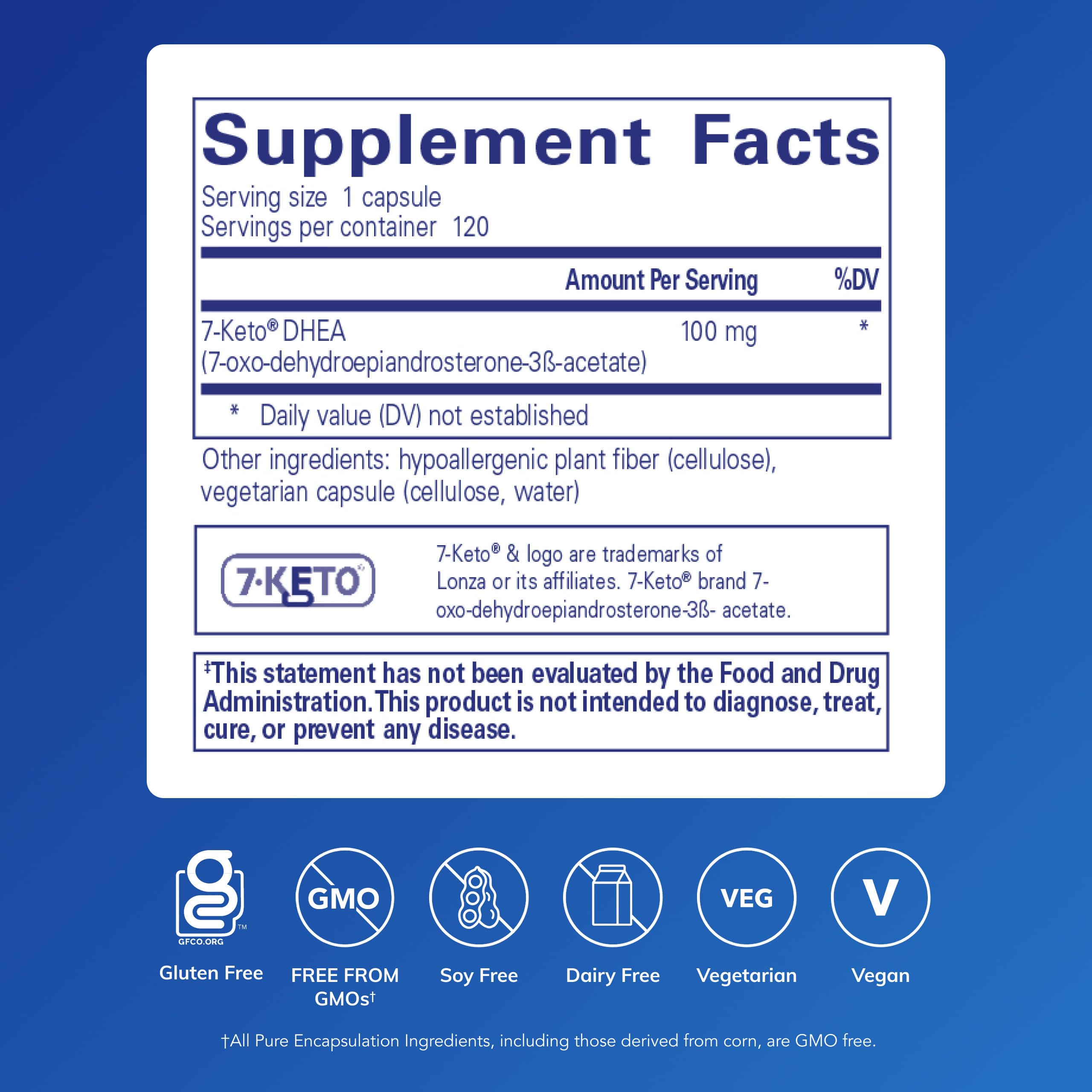 Pure Encapsulations 7-Keto DHEA 100 mg bottle label highlights premium ingredients.