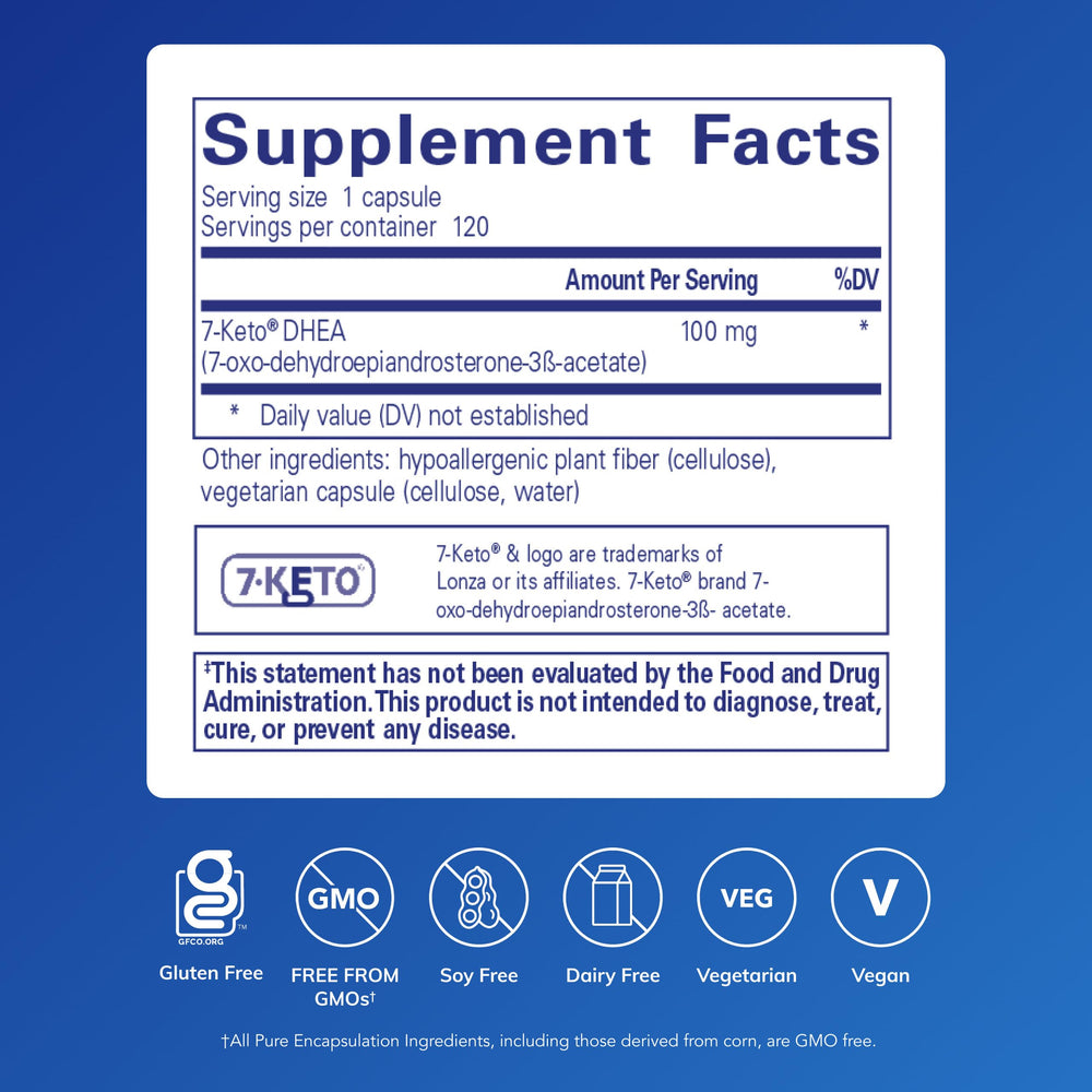 Pure Encapsulations 7-Keto DHEA 100 mg bottle label highlights premium ingredients.