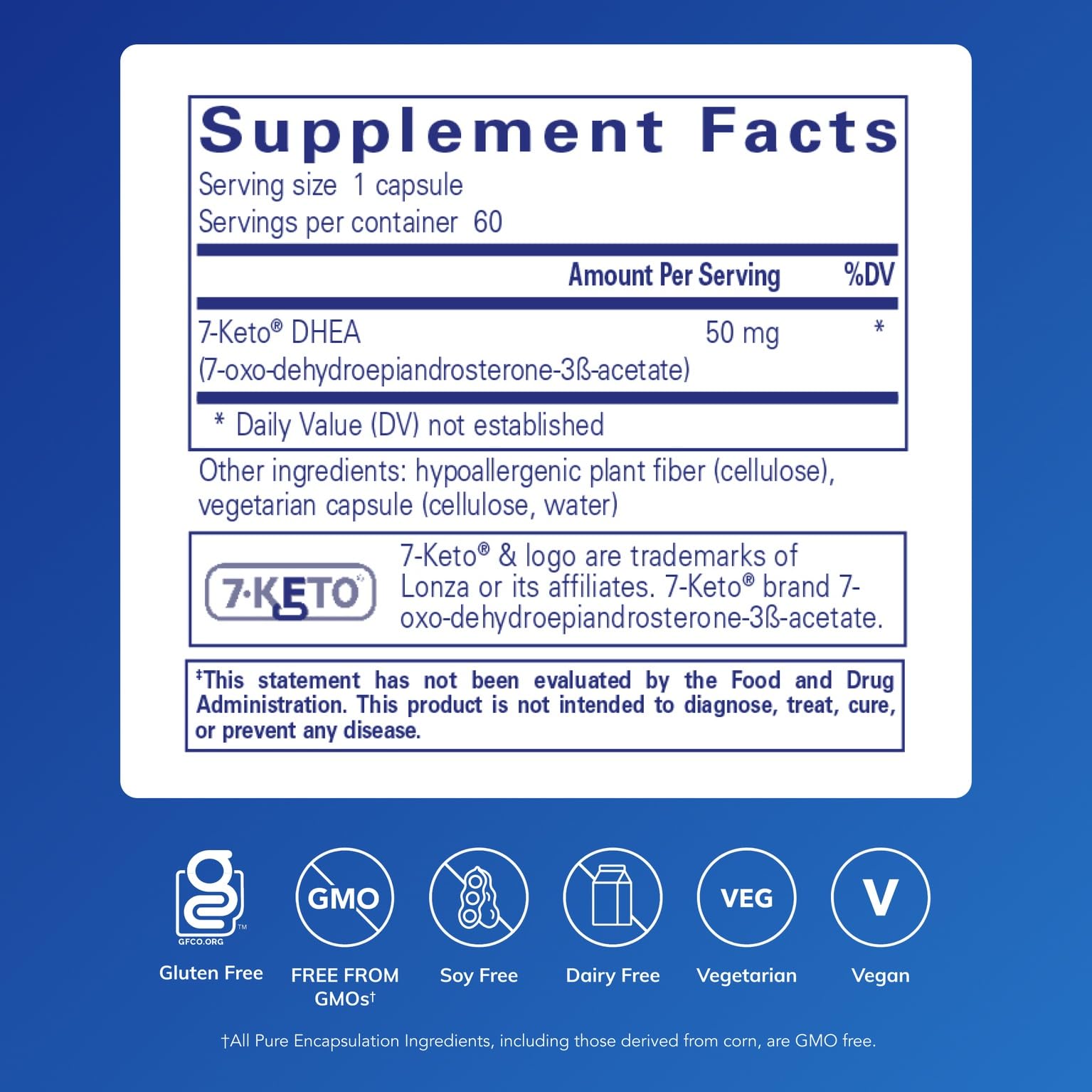 Pure Encapsulations 7-Keto DHEA 50 mg bottle label shows dosage for easy use