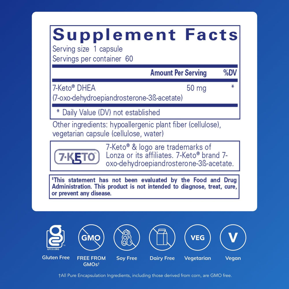 Pure Encapsulations 7-Keto DHEA 50 mg bottle label shows dosage for easy use