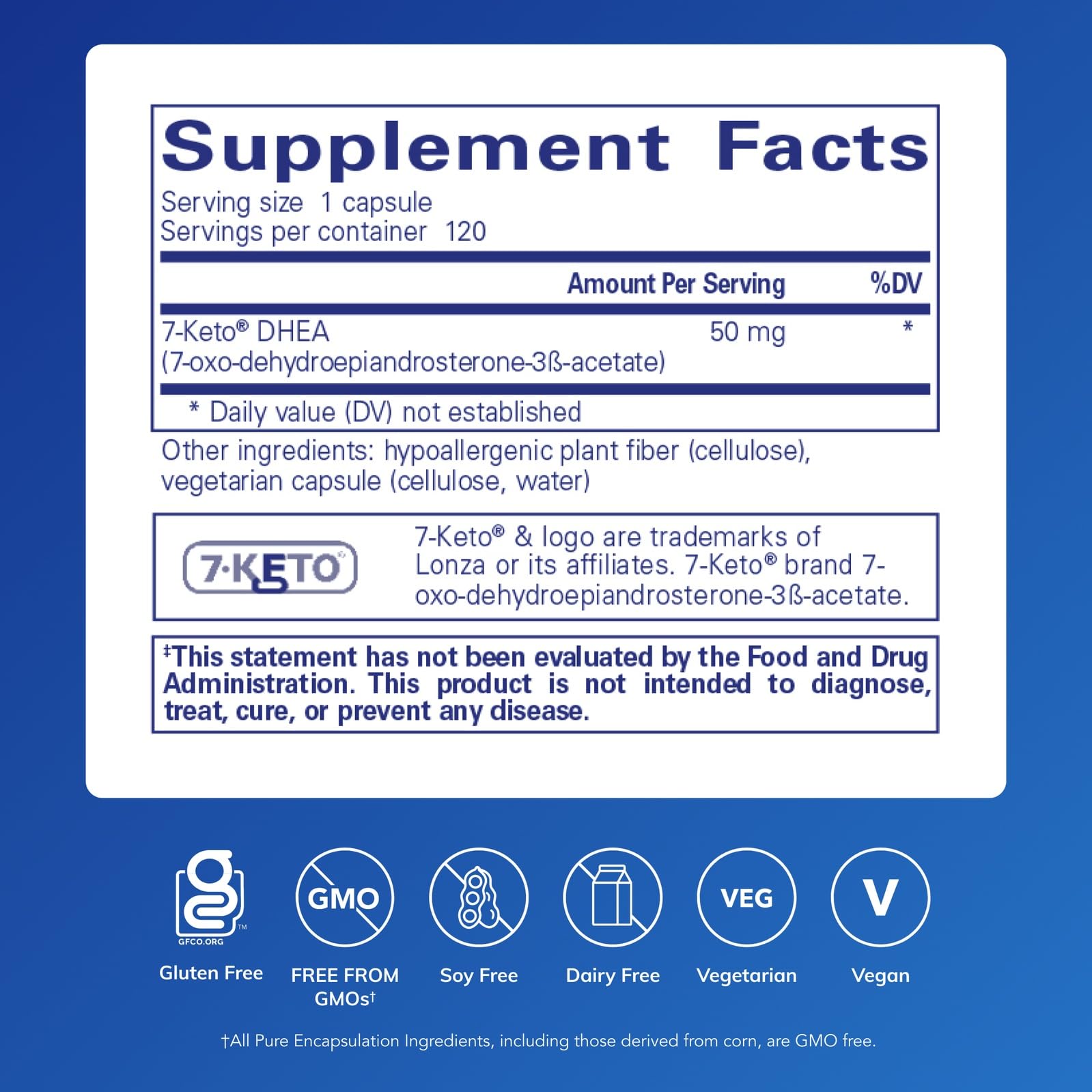 Close-up of Pure Encapsulations 7-Keto DHEA capsules for metabolism support.