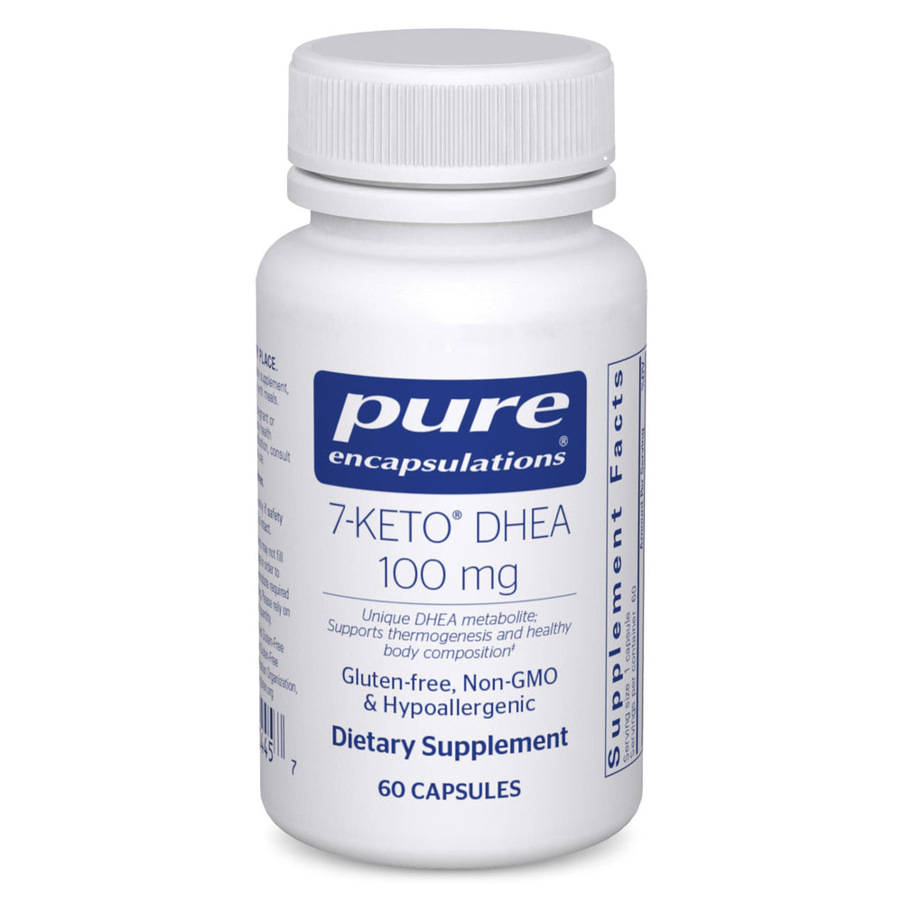 Pure Encapsulations 7-Keto DHEA bottle on a shelf highlighting premium packaging.