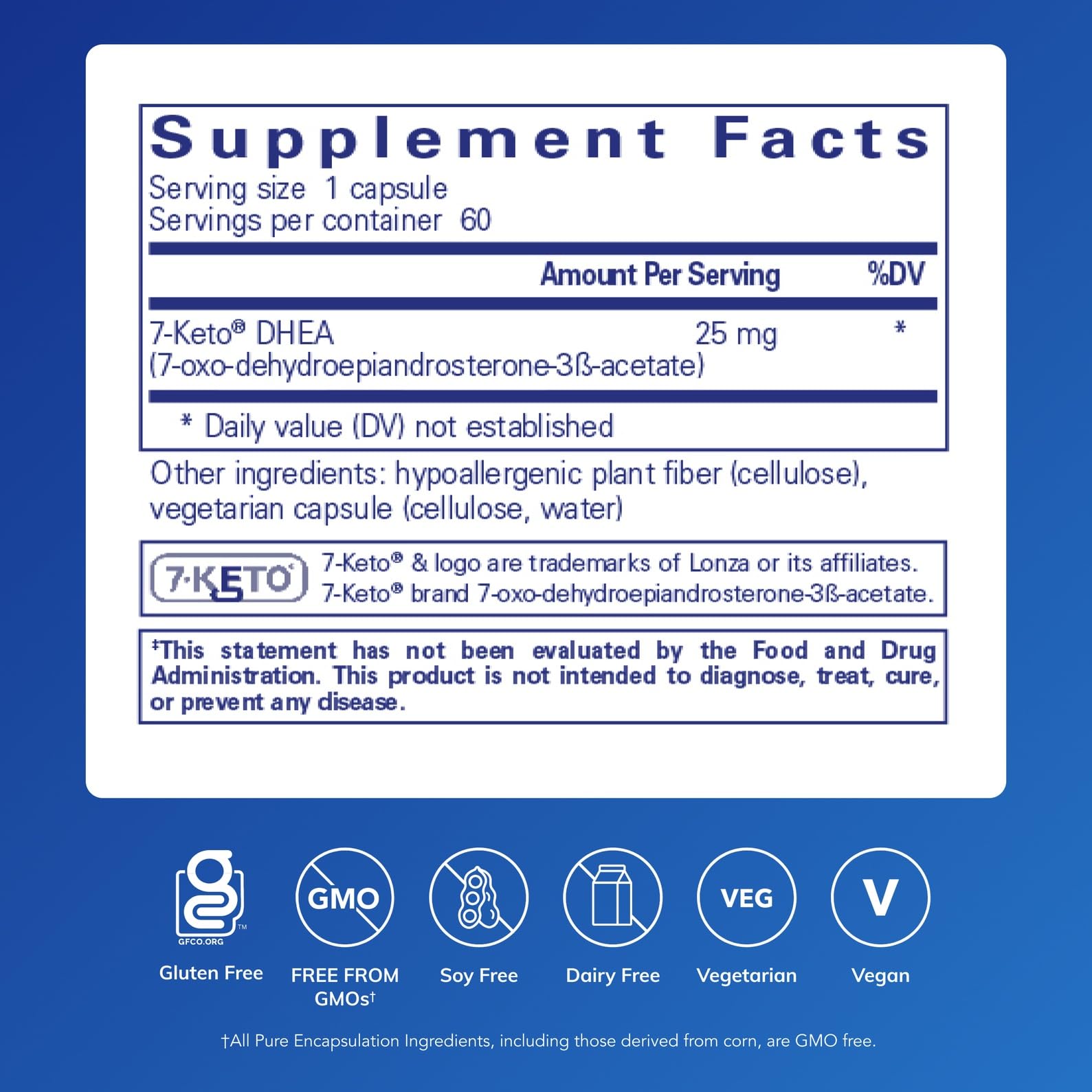 Pure Encapsulations 7-Keto DHEA capsules label close-up emphasizing potency and purity.