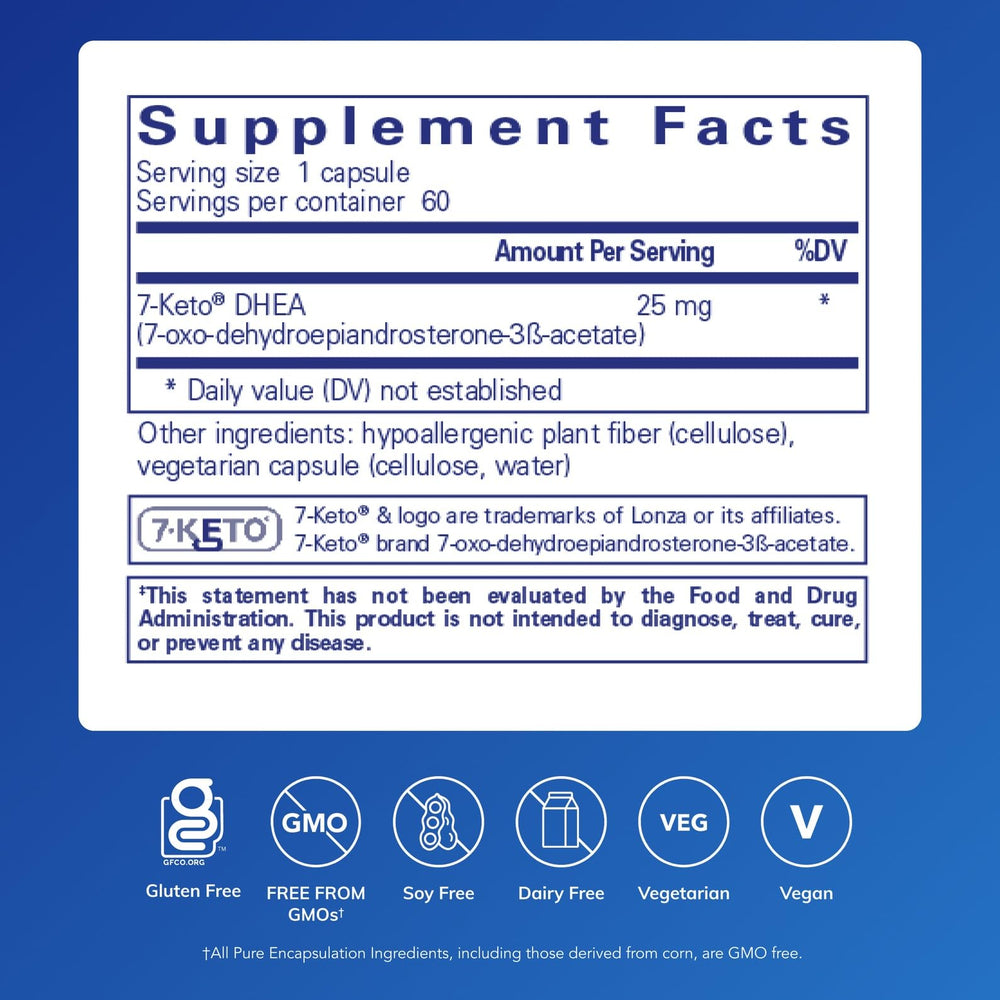 Pure Encapsulations 7-Keto DHEA capsules label close-up emphasizing potency and purity.
