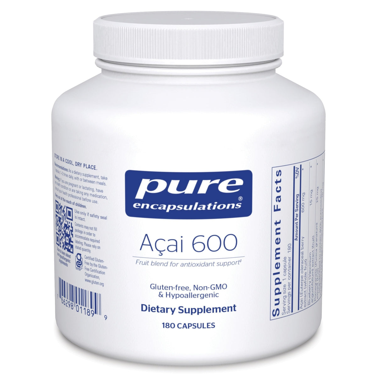 Pure Encapsulations Acai 600 bottle with antioxidant-rich berry extract.