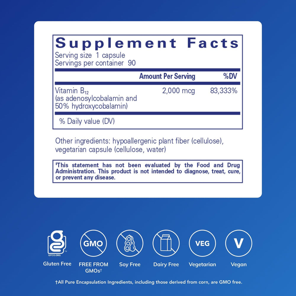 Pure Encapsulations Adenosyl/Hydroxy B12 capsule close-up highlights vegan formula for energy and nerves.