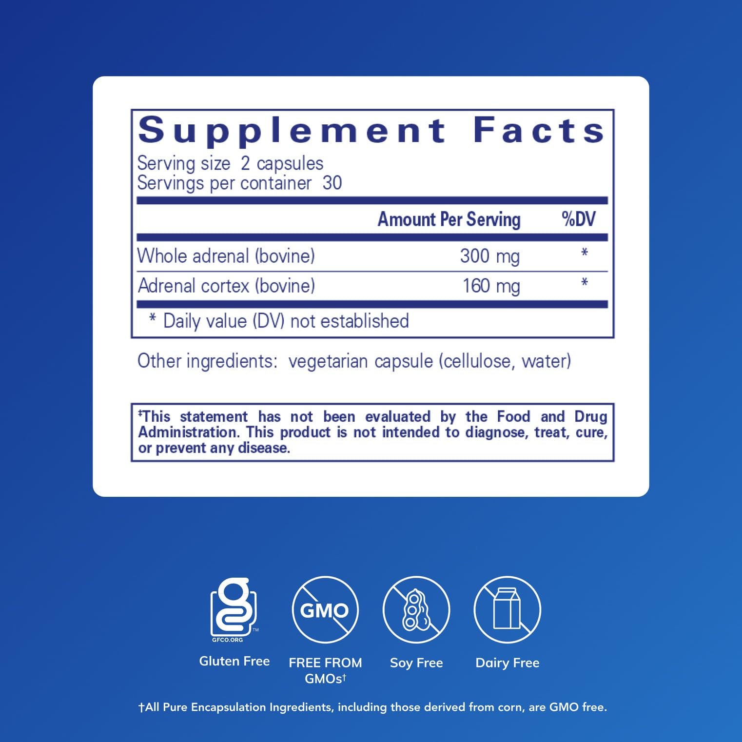 Pure Encapsulations Adrenal Cortex capsules shown with allergen-free, pure ingredients.
