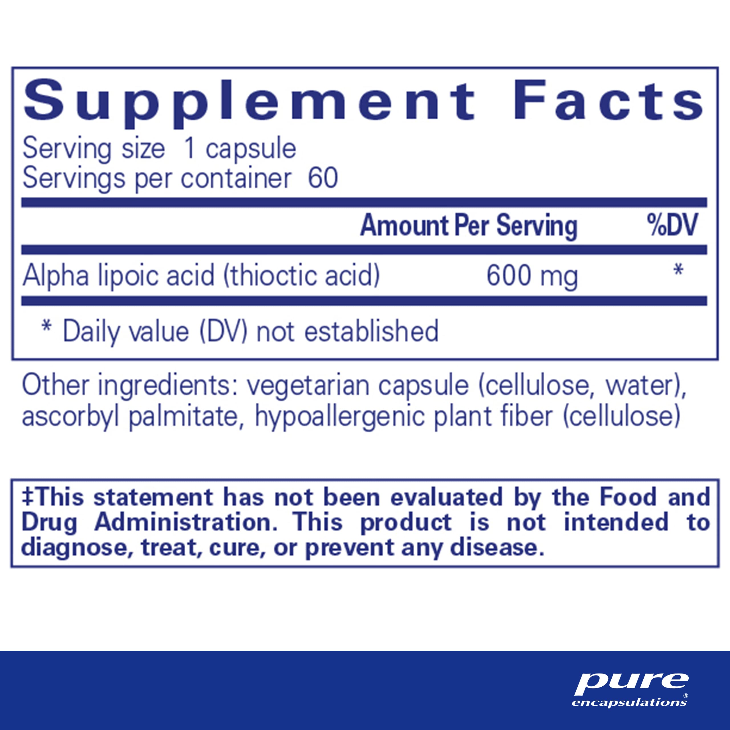 Pure Encapsulations ALA 600 mg capsules illustrate convenient daily nerve and metabolism support.