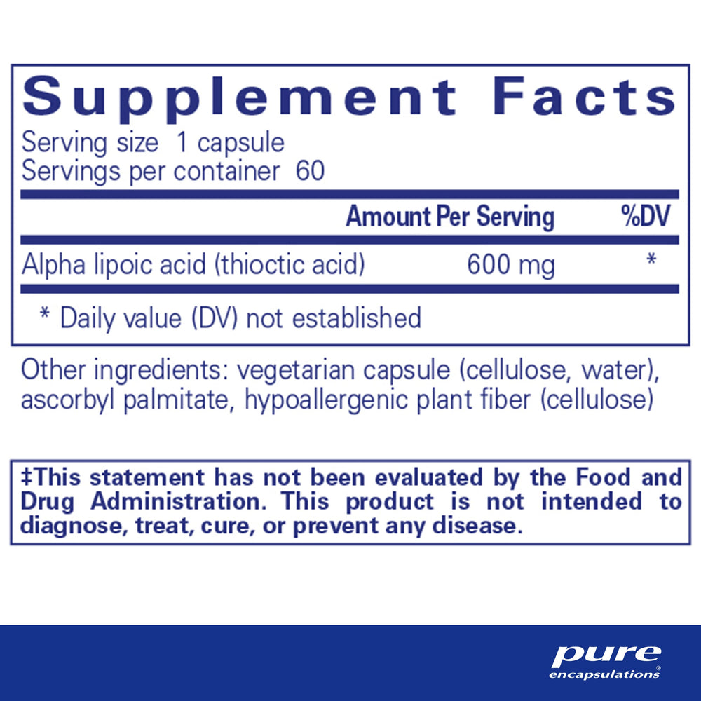 Pure Encapsulations ALA 600 mg capsules illustrate convenient daily nerve and metabolism support.
