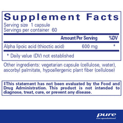 Pure Encapsulations ALA 600 mg capsules illustrate convenient daily nerve and metabolism support.