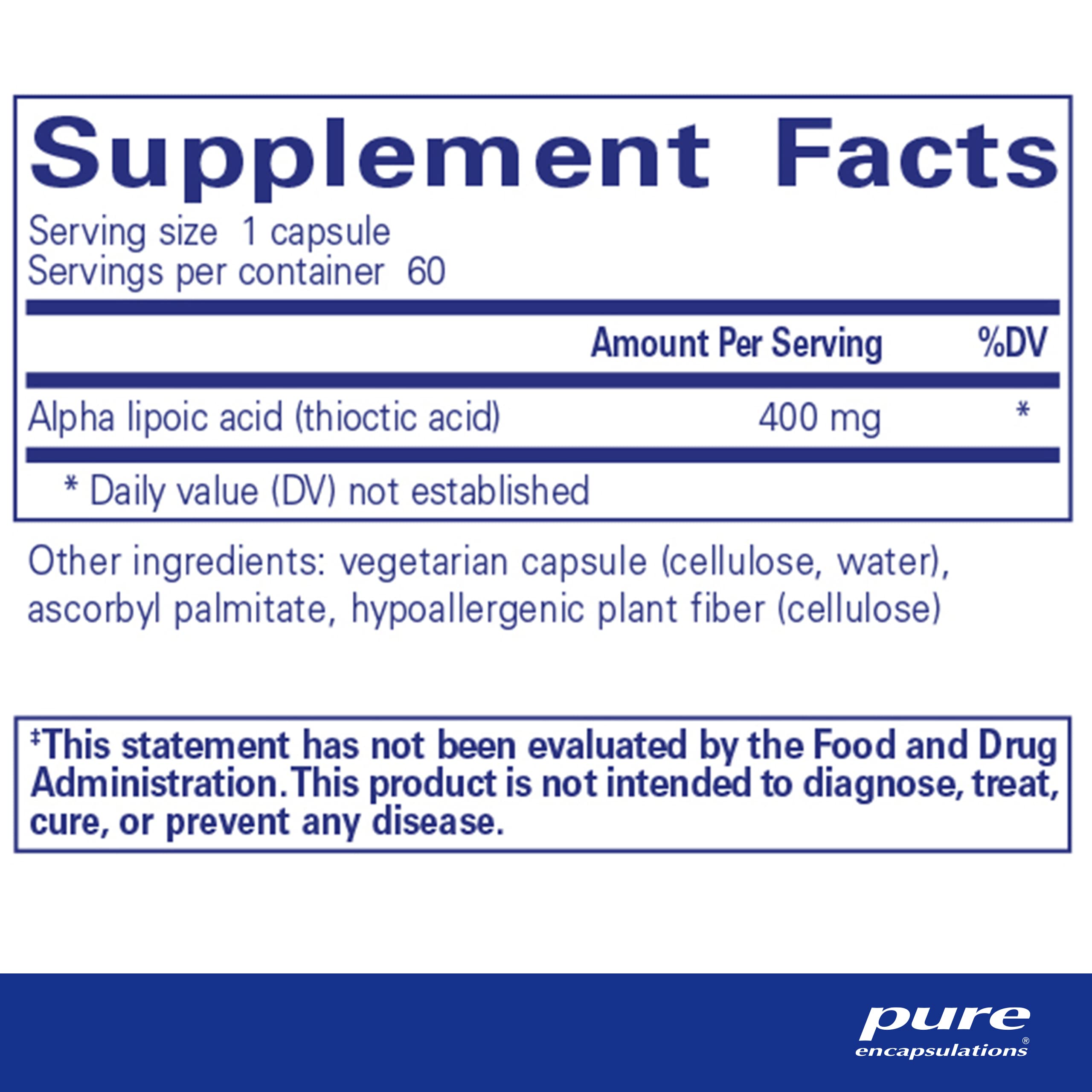 Pure Encapsulations Alpha Lipoic Acid 400 mg capsules shown for easy daily use