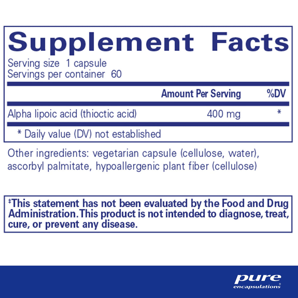 Pure Encapsulations Alpha Lipoic Acid 400 mg capsules shown for easy daily use