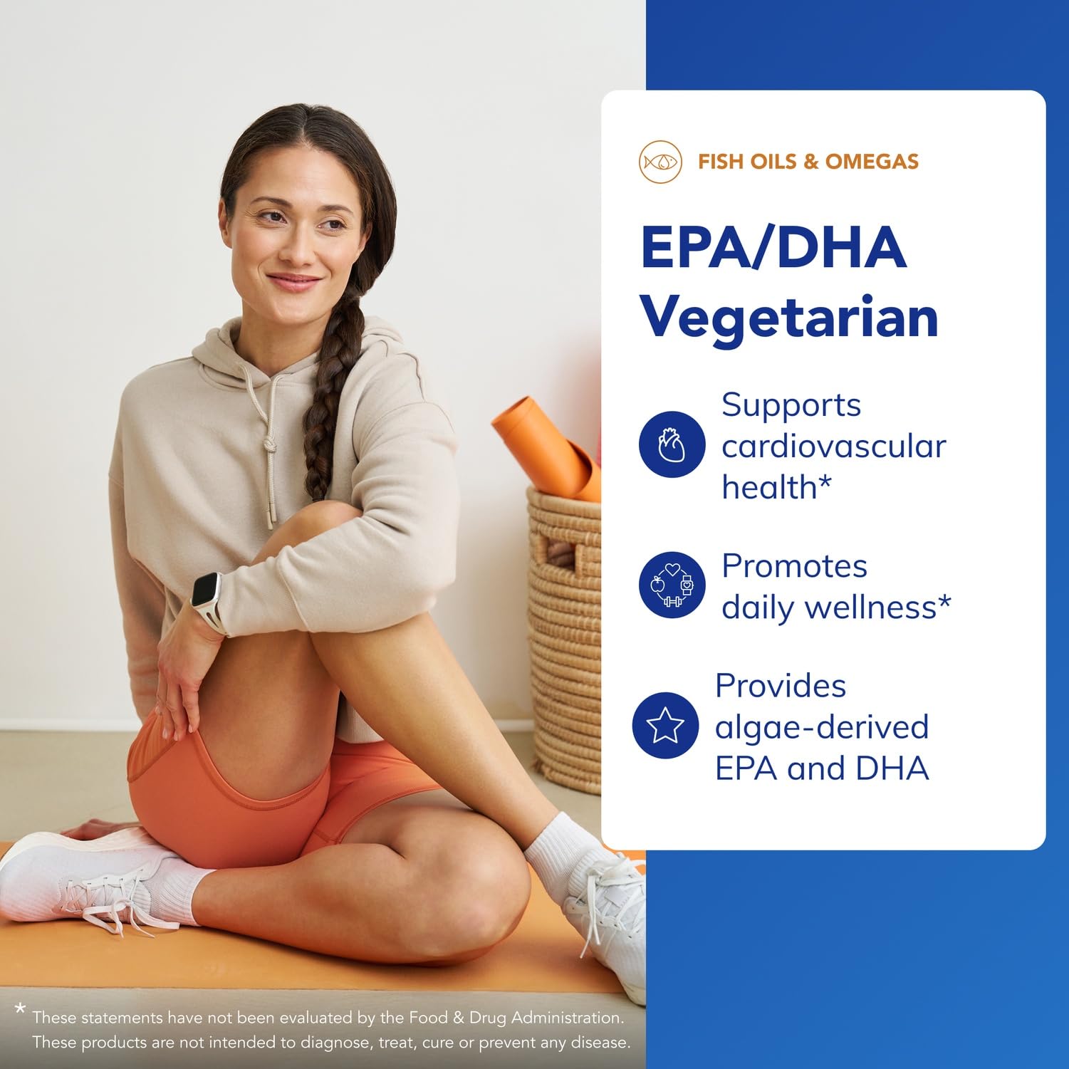 Algae-derived omega-3 bottle label emphasizing vegan source and purity.