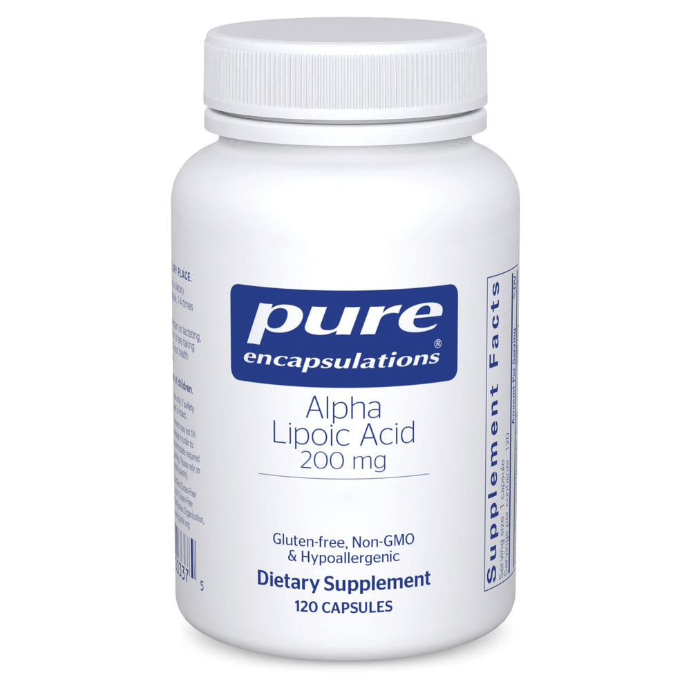 Pure Encapsulations Alpha Lipoic Acid 200 mg bottle front with antioxidant emphasis.