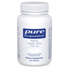 Pure Encapsulations Alpha Lipoic Acid 200 mg bottle front with antioxidant emphasis.